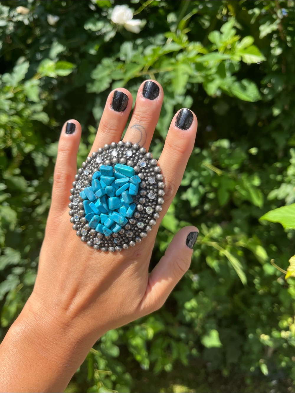 Upcycled Belt Buckle Turquoise Cluster Statement Ring - Blue & Silver